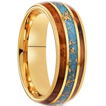 ***COI Gold Tone Tungsten Carbide Turquoise Wood & Gold Foil Dome Court Ring-01438DD