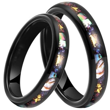 ***COI Black Tungsten Carbide Abalone Shell Meteorite & Gold Foil Dome Court Ring-01439DD