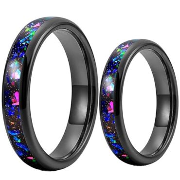***COI Black Tungsten Carbide Meteorite & Crushed Opal Dome Court Ring-01445DD