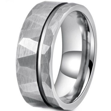 ***COI Tungsten Carbide Offset Groove Faceted Ring-01470DD