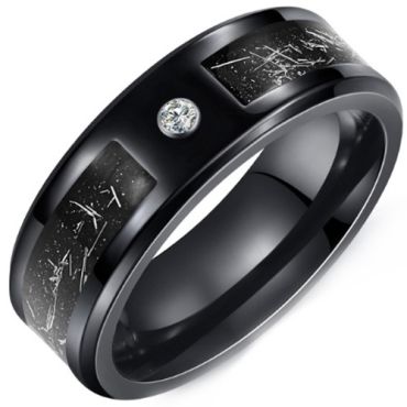 ***COI Black Tungsten Carbide Meteorite Beveled Edges Ring With Cubic Zirconia-01471DD