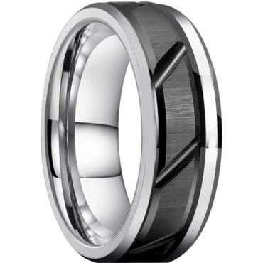 ***COI Tungsten Carbide Black Silver Diagonal Grooves Beveled Edges Ring-01538DD