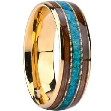 ***COI Gold Tone Tungsten Carbide Wire Ring With Turquoise & Wood-01540DD