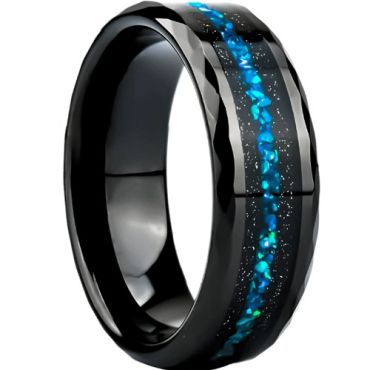 ***COI Black Tungsten Carbide Meteorite & Crushed Opal Faceted Ring-01543DD