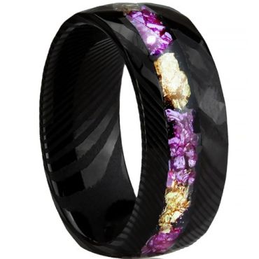 ***COI Black Tungsten Carbide Damascus Ring With Purple Amethyst & Gold Foil-01545DD