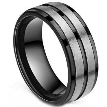 ***COI Tungsten Carbide Black Silver Center Groove Beveled Edges Ring-01550DD