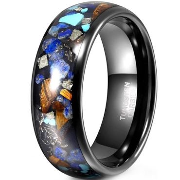 ***COI Black Tungsten Carbide Koa Wood Turquoise Meteorite Crushed Opal Dome Court Ring-01902DD