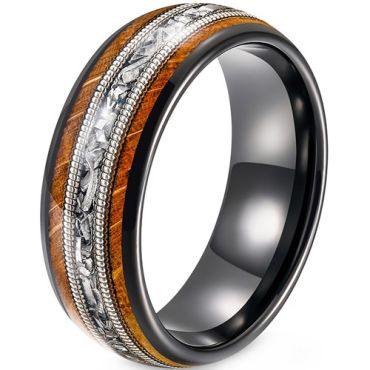 ***COI Tungsten Carbide Black Silver Wire Ring With Meteorite & Koa Wood-01906DD