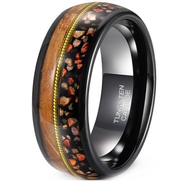 ***COI Tungsten Carbide Black Gold Tone Wire Ring With Koa Wood & Dinosaur Bone-01910DD