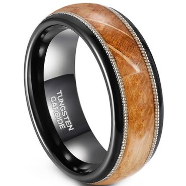 ***COI Tungsten Carbide Black Silver Wire Ring With Koa Wood-01914DD