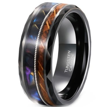***COI Tungsten Carbide Black Silver Wire Ring With Abalone Shell & Koa Wood-01917DD