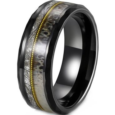 ***COI Tungsten Carbide Black Gold Tone Wire Ring With Deer Antler & Meteorite-01922DD