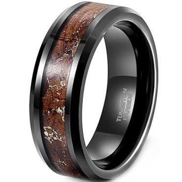 ***COI Black Tungsten Carbide Beveled Edges Ring With Koa Wood & Gold Foil-01924DD