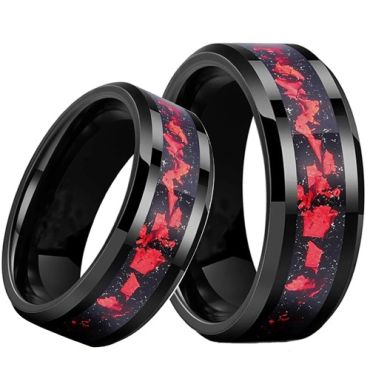 ***COI Black Tungsten Carbide Meteorite & Red Coral Beveled Edges Ring-01938DD