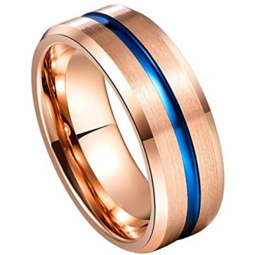 ***COI Tungsten Carbide Rose Blue Center Groove Beveled Edges Ring-02012DD