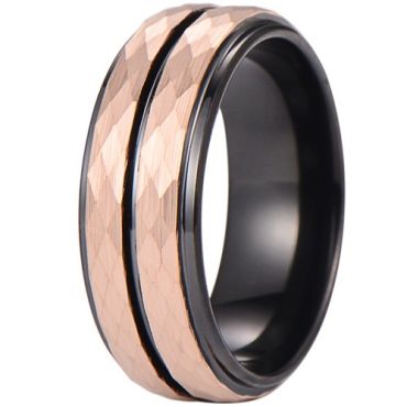 ***COI Tungsten Carbide Black Rose Faceted Center Groove Step Edges Ring-02014DD