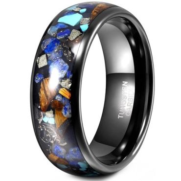 ****COI Black Tungsten Carbide Crushed Opal Meteorite Koa Wood Turquoise Dome Court Ring-02101DD