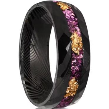****COI Black Tungsten Carbide Damascus Faceted Ring With Purple Amethyst & Gold Foil-02236DD