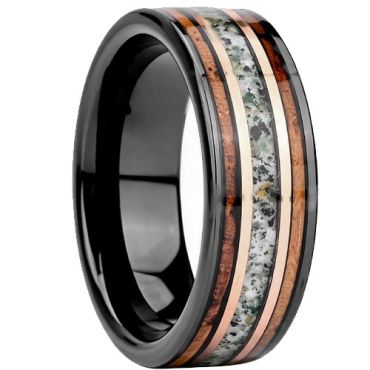 ****COI Tungsten Carbide Black Gold Tone Ring With Deer Antler & Koa Wood-02263DD