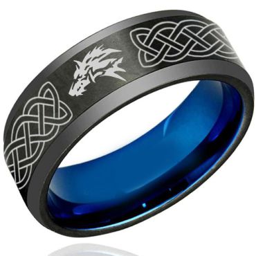 *COI Tungsten Carbide Black Blue Wolf Celtic Ring - TG1222