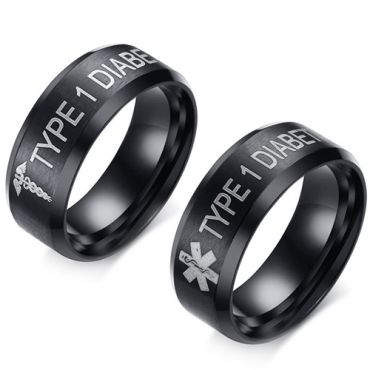 COI Black Tungsten Carbide Medical Alert Beveled Edges Ring-TG1630