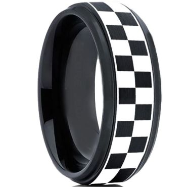 *COI Tungsten Carbide Black Silver Checkered Flag Ring-TG2136B