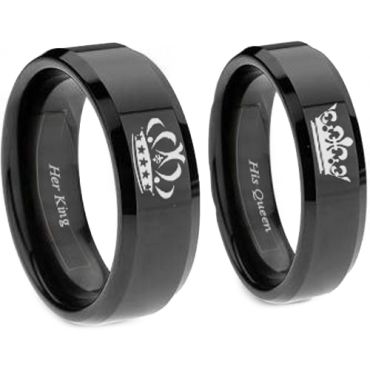 *COI Black Tungsten Carbide King Queen Crown Ring-TG4552
