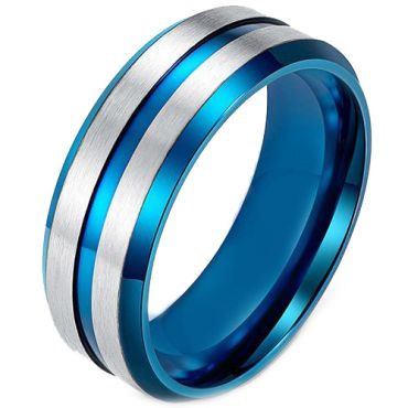COI Tungsten Carbide Blue Silver Center Groove Ring - TG4476CC