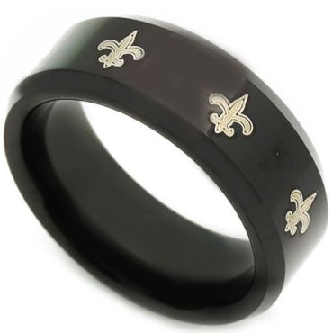 COI Black Tungsten Carbide Fleur De Lis Beveled Edges Ring-4662C