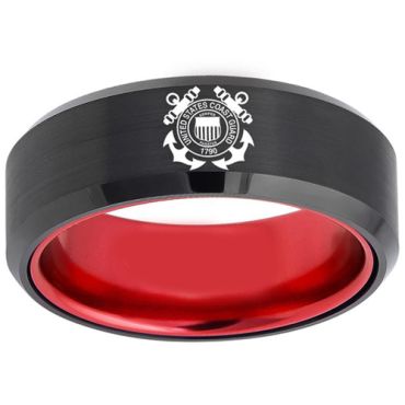 COI Tungsten Carbide Black Red United States Coast Guard Beveled Edges Ring-5457