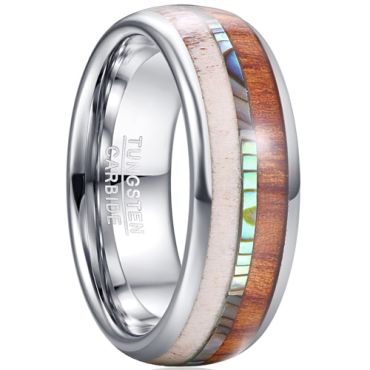 COI Tungsten Carbide Deer Antler Abalone Shell Wood Dome Court Ring-5461