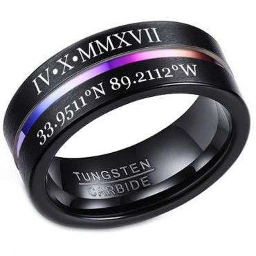 *COI Black Tungsten Carbide Rainbow Pride Center Groove Ring With Custom Roman Numerals-5470