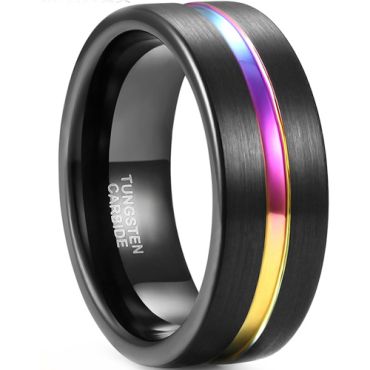 *COI Black Tungsten Carbide Rainbow Color Center Groove Ring-5471