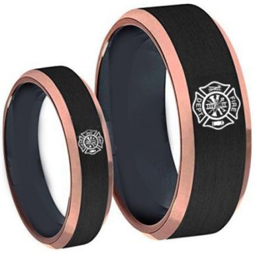 COI Tungsten Carbide Black Rose Firefighter Step Edges Ring-5487