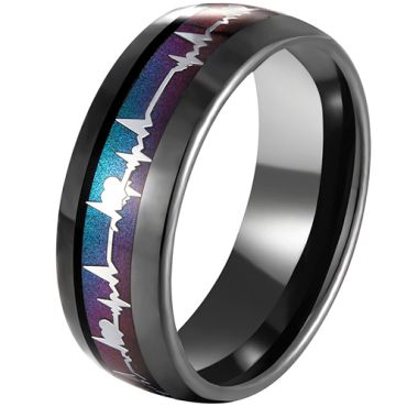 COI Black Tungsten Carbide Rainbow Pride Heartbeat Ring-5594