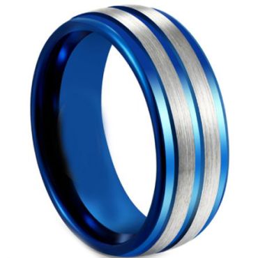 COI Tungsten Carbide Blue Silver Step Edges Ring-5614