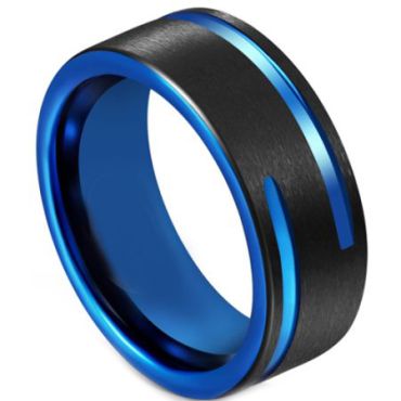 COI Tungsten Carbide Black Blue Double Grooves Pipe Cut Flat Ring-5615