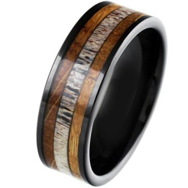 COI Black Tungsten Carbide Deer Antler & Wood Pipe Cut Flat Ring-5863