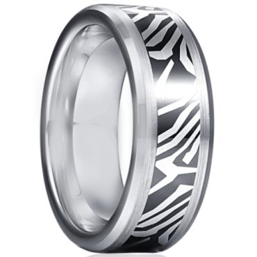 *COI Tungsten Carbide Black Silver Damascus Pattern Beveled Edges Ring-5930