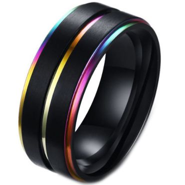 **COI Tungsten Carbide Black Rainbow Pride Center Groove Step Edges Ring-6838