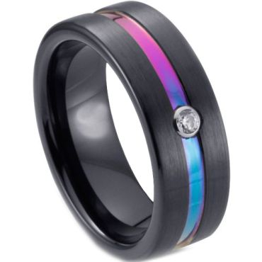 **COI Black Tungsten Carbide Rainbow Color Center Groove Pipe Cut Flat Ring-7057CC
