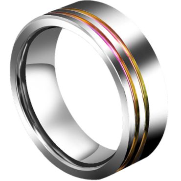 **COI Tungsten Carbide Rainbow Color Offset Double Groove Pipe Cut Flat Ring-7058CC