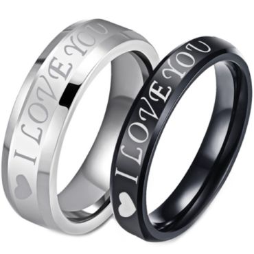 **COI Tungsten Carbide Black/Silver I Love You & Heart Beveled Edges Ring-7280AA