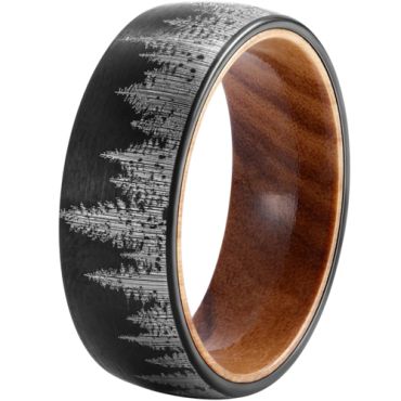 **COI Black Tungsten Carbide Dome Court Forest Scene Ring With Wood-7292BB