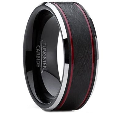 **COI Tungsten Carbide Black Red Double Grooves Beveled Edges Ring-7361BB