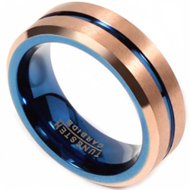 **COI Tungsten Carbide Rose Blue Center Groove Beveled Edges Ring-7493BB