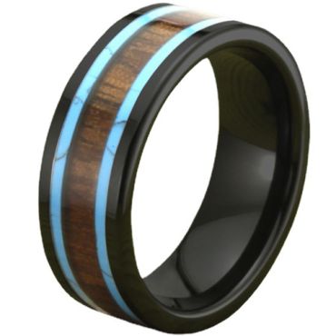 **COI Black Tungsten Carbide Turquoise & Wood Ring-7583BB