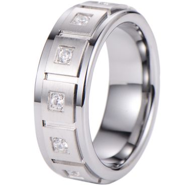 **COI Tungsten Carbide Grooves Step Edges Ring With Cubic Zirconia-7610CC