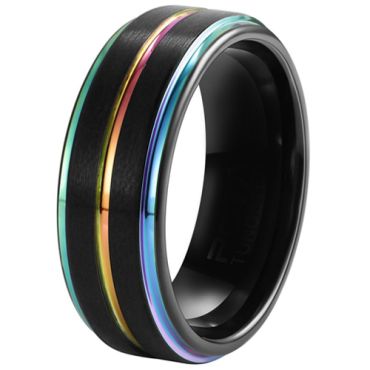 **COI Black Tungsten Carbide Rainbow Pride Step Edges Ring-7658BB