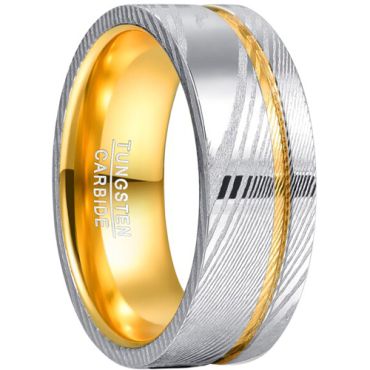 **COI Tungsten Carbide Gold Tone Silver Offset Groove Damascus Pipe Cut Flat Ring-7726CC